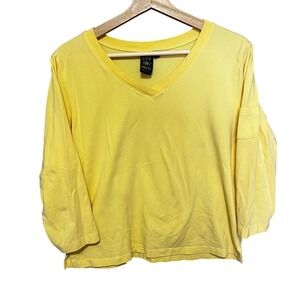 Sun Moda Yellow Size Medium V-Neck Top 3/4‎ Sleeve Knit Tee Shirt Made in USA